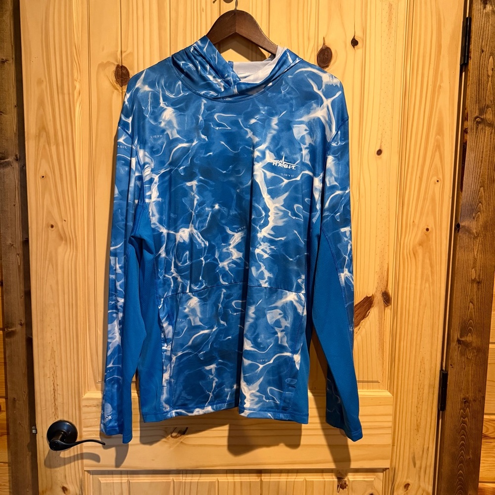Habit Blue and White Long Sleeve Hooded‎ Fishing Tee Men’s Size Large